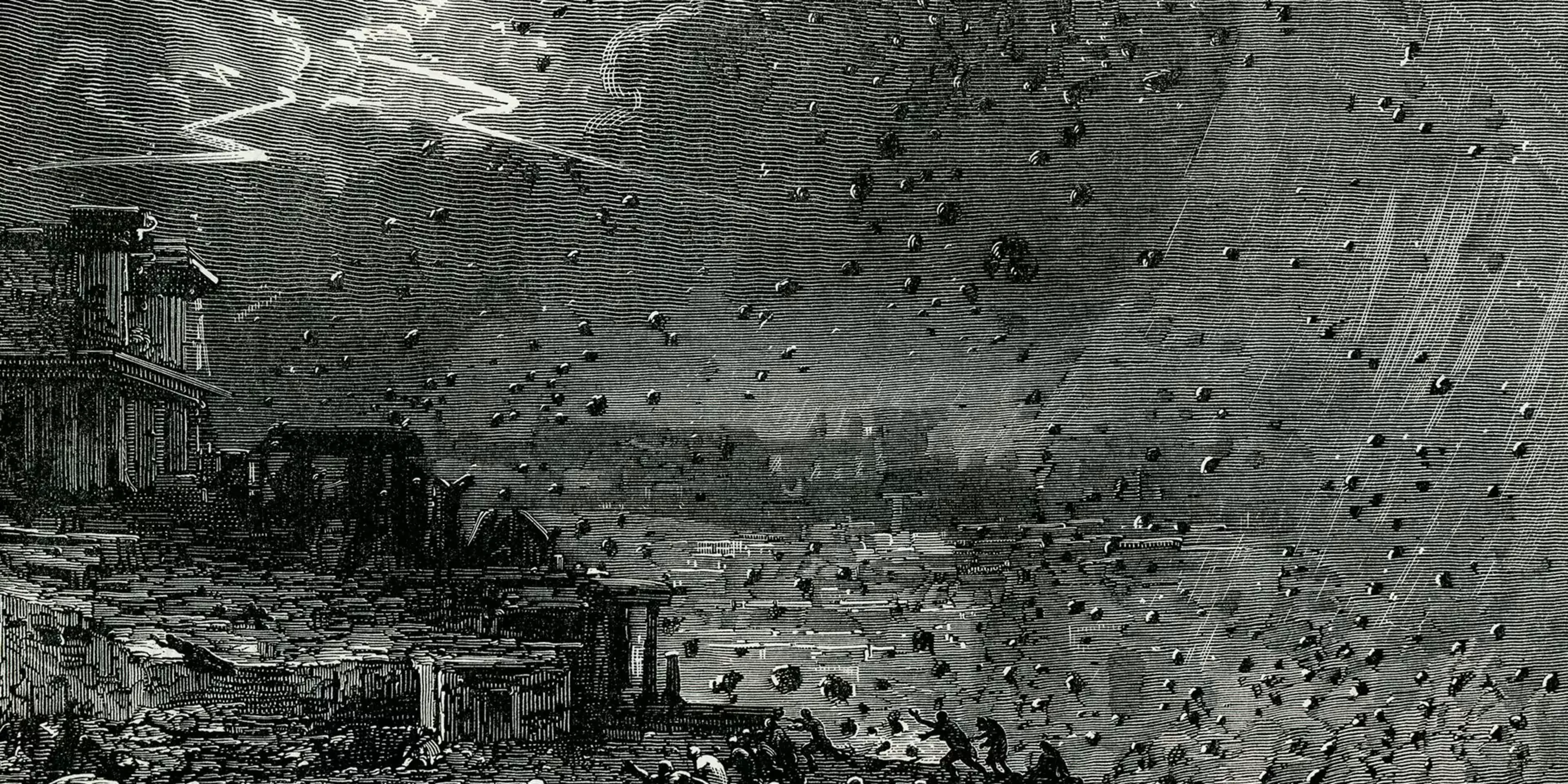 Depiction of the AD 79 eruption of Mount Vesuvius burying Pompeii